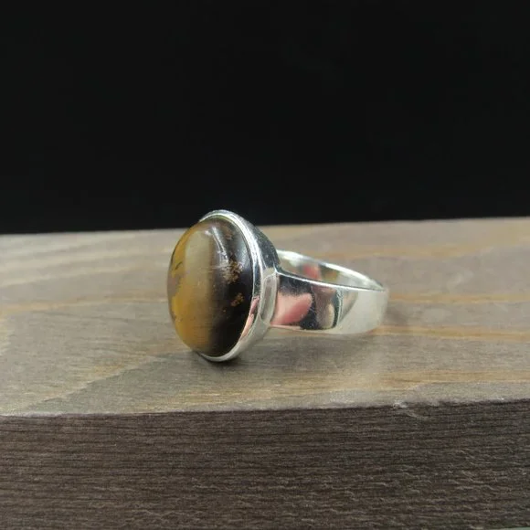 Size 7 Sterling Silver Round Tiger's Eye Stone Band Ring Vintage - Picture 2 of 8